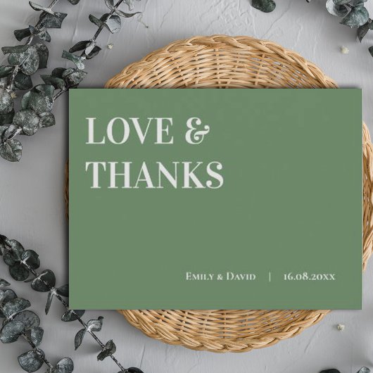 De hedendaagse Sage Green Wedding Love and Bedankt Briefkaart