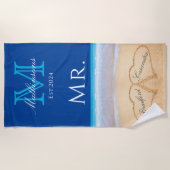 de heer Beach Wedding Hearts in zand Family Monogr Strandlaken (Voorkant)