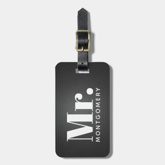 De heer Black Leather Script Monogrammed Name Bagagelabel (Voorkant verticaal)