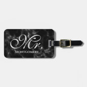 de heer Black Marble Script Monogrammed Name Bagagelabel (Voorkant horizontaal)