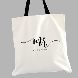 De heer Black White Pas getrouwd Groom Script op m Tote Bag