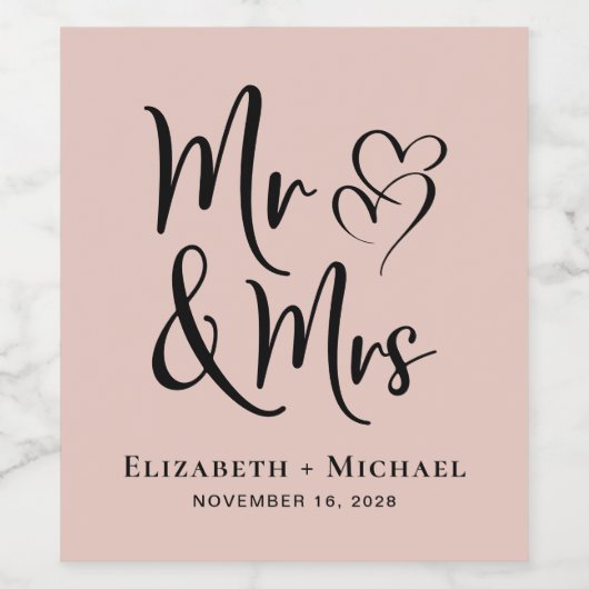 de heer Blush Pink Wedding Wijn Etiket (Enkel label)