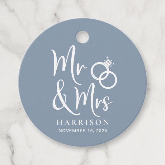 de heer Dusty Blue Wedding Bedankjes Labels (Voorkant)