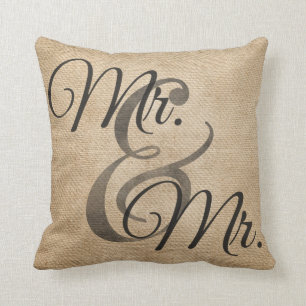 De heer en de heer Gay Burlap Wedding Personalized Kussen