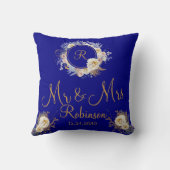 De heer en mevrouw Blue Gold Floral Monogram Logo Kussen (Achterkant)