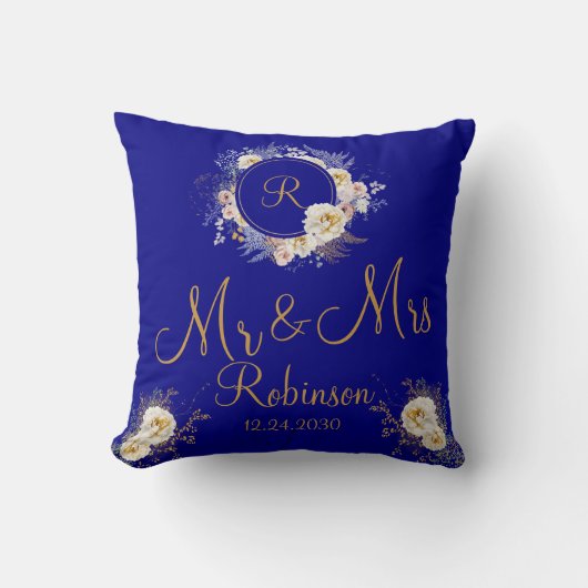 De heer en mevrouw Blue Gold Floral Monogram Logo Kussen (Voorkant)