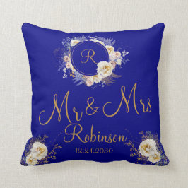 De heer en mevrouw Blue Gold Floral Monogram Logo Kussen