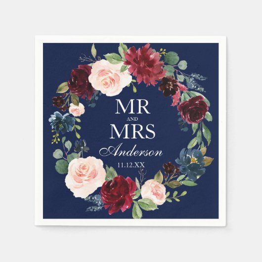 De heer en mevrouw Burgundy Floral Blue Wedding Servet (Voorkant)