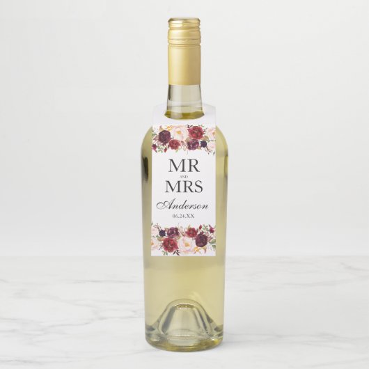 De heer en mevrouw Burgundy Floral Waterverf Weddi Flessenhanger (Op fles)