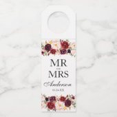 De heer en mevrouw Burgundy Floral Waterverf Weddi Flessenhanger (Voorkant)