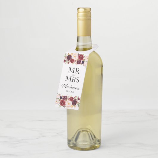 De heer en mevrouw Burgundy Floral Waterverf Weddi Flessenhanger (Schuin)