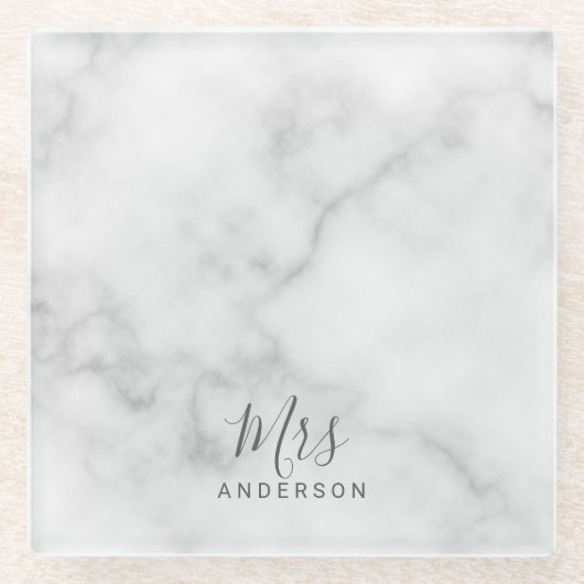 De heer en mevrouw | Elegant White Marble Modern S Glazen Onderzetter (Voorkant)