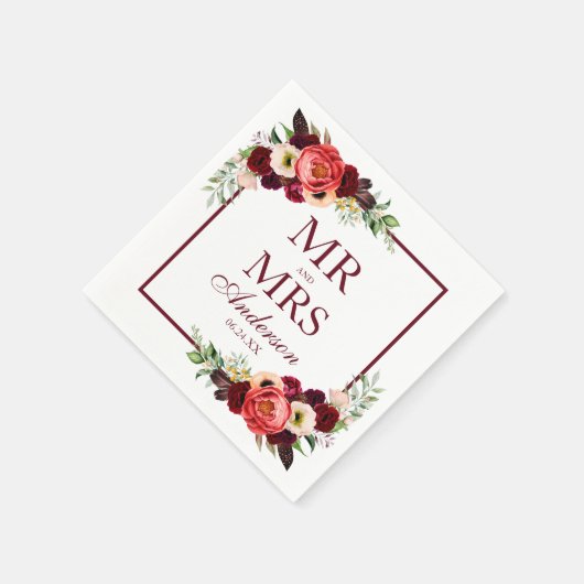 De heer en mevrouw Floral Bourgondië Boho Wedding Servet (Hoek)