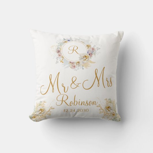 De heer en mevrouw Gold Floral Monogram Logo Sierk Kussen (Voorkant)