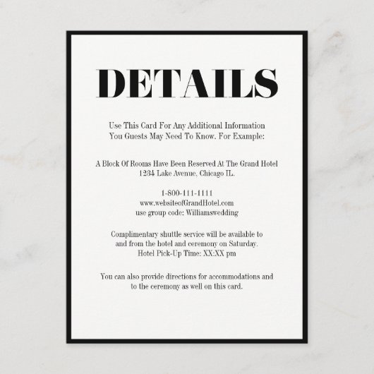 De heer en mevrouw Modern Bold Wedding Details Kaa Informatiekaartje (Voorkant)