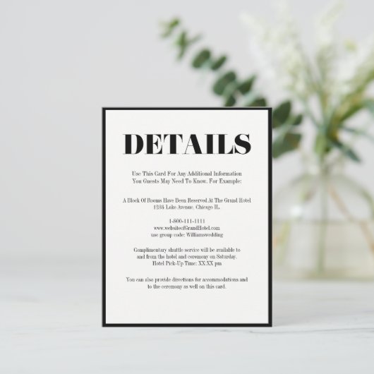 De heer en mevrouw Modern Bold Wedding Details Kaa Informatiekaartje (Staand voorkant)