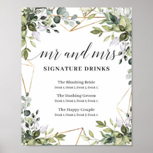 De heer en mevrouw signature drinken boho greenery poster