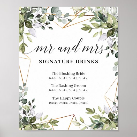 De heer en mevrouw signature drinken boho greenery poster (Voorkant)