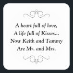 De heer en mevrouw Square Sticker<br><div class="desc">Deze charmante dhr. en Mrs. square sticker is voorzien van een mooi gedicht dat gepersonaliseerd is met de bruid- en groomnamen. Dit zou een perfecte sticker zijn om een gunstdoos met Hershey Kisses te accentueren.
Overeenkomende producten beschikbaar.</div>