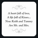 De heer en mevrouw Square Sticker<br><div class="desc">Deze charmante dhr. en Mrs. square sticker is voorzien van een mooi gedicht dat gepersonaliseerd is met de bruid- en groomnamen. Dit zou een perfecte sticker zijn om een gunstdoos met Hershey Kisses te accentueren.
Overeenkomende producten beschikbaar.</div>