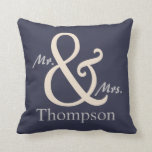 De heer en mevrouw van het echtpaar kussen<br><div class="desc">Voor de heer en mevrouw, dit paar kussen is voorzien van een oversized ampersand met de achternaam van het paar dat u kunt personaliseren met jouw naam. Hier afgebeeld in een marineblauwe achtergrond met bijpassende marineblauwe en witte strepen aan de achterzijde. U kunt de achtergrondkleur van de marine aan beide...</div>