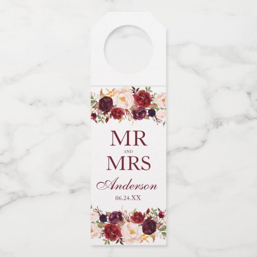 De heer en mevrouw Waterverf Bourgondische Bloemen Flessenhanger (Voorkant)