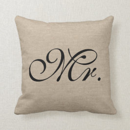 de heer faux linen burlap rustic chic initiaal jut kussen