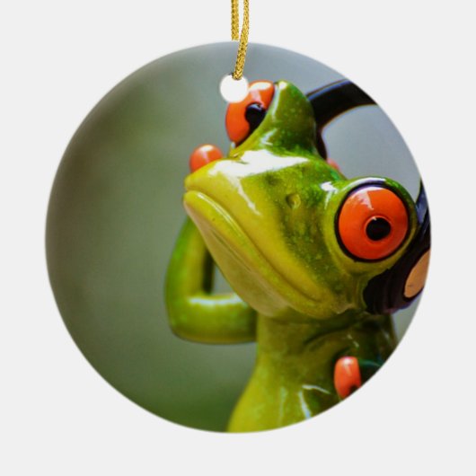 De heer Frog met Headphones Ornament Round (Voorkant)