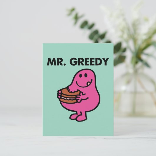 de heer Greedy Eating Cake Briefkaart (Staand voorkant)