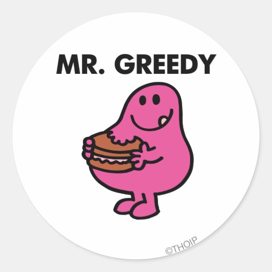 de heer Greedy Eating Cake Ronde Sticker (Voorkant)