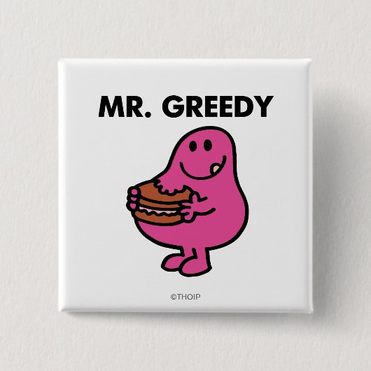 de heer Greedy Eating Cake Vierkante Button 5,1 Cm (Voorkant)