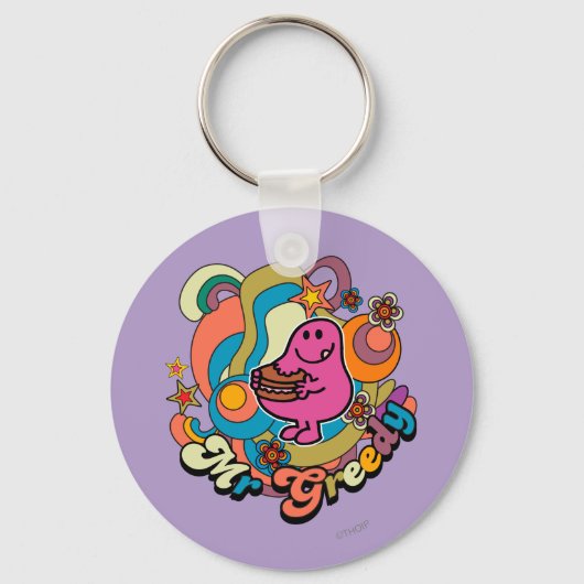 de heer Greedy | Kleurrijke zwenken en sterren Sleutelhanger (Voorkant)