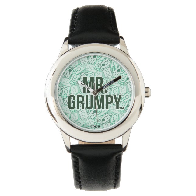 de heer Grumpy | Groene naam en tekentospatroon Horloge (Voorkant)