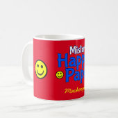 De heer Happy Papi met Smile Emojis en naam op RED Koffiemok (Voorkant links)