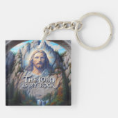De Heer is mijn rots: Jezus in heilige houtsnijwer Sleutelhanger (Achterkant)