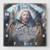 De Heer is mijn rots: Jezus in heilige houtsnijwer Vierkante Klok (Voorkant)