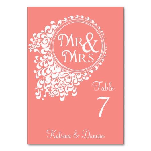 De heer & mevrouw  Coral Personalized Table Card Kaart (Voorkant)