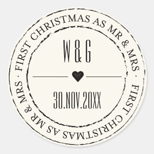 De heer & mevrouw First Kerstmis  Stamped Circle Ronde Sticker (Voorkant)