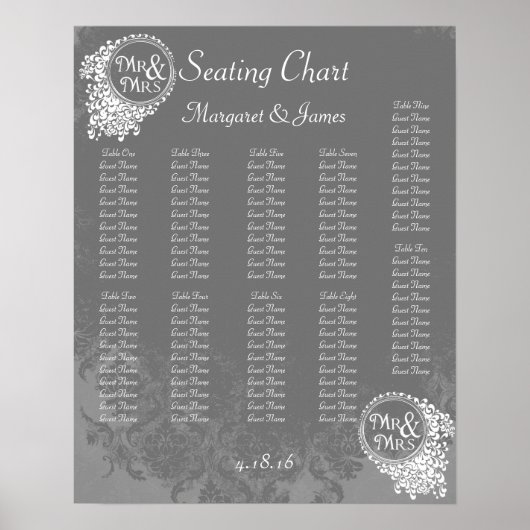 De heer & mevrouw Gray Damask Seating Chart Poster (Voorkant)