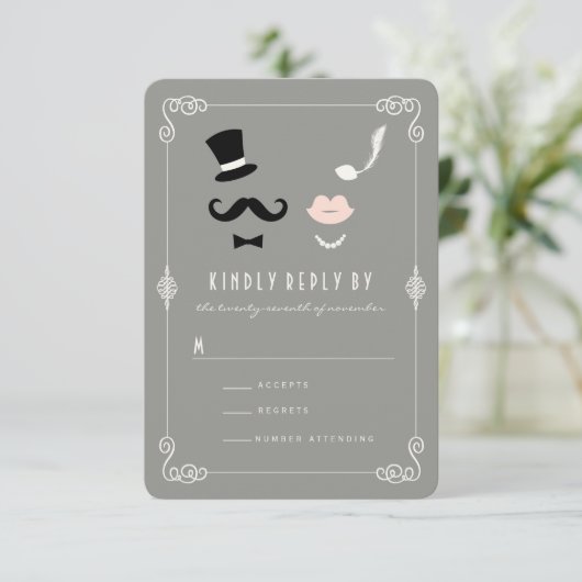 de heer & mevrouw Mustache en Lips  huwelijkshuwel RSVP Kaartje (Staand voorkant)