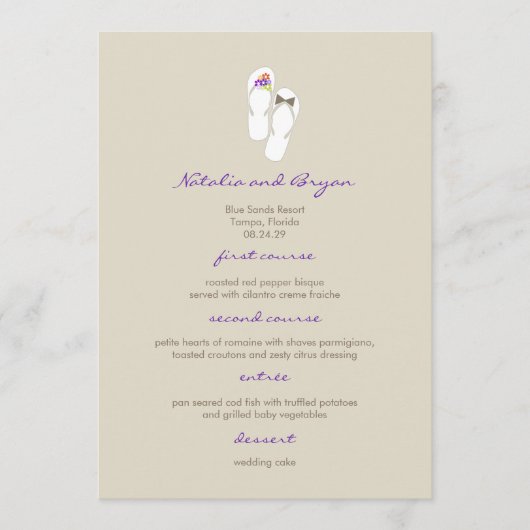 De heer & mevrouw Paarse Teenslippers Beach Weddin Menu (Voorkant)