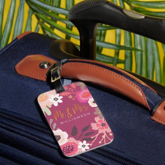 de heer & mevrouw Trendy Pink Floral Pattern Bagagelabel (Voorkant Insitu 1)