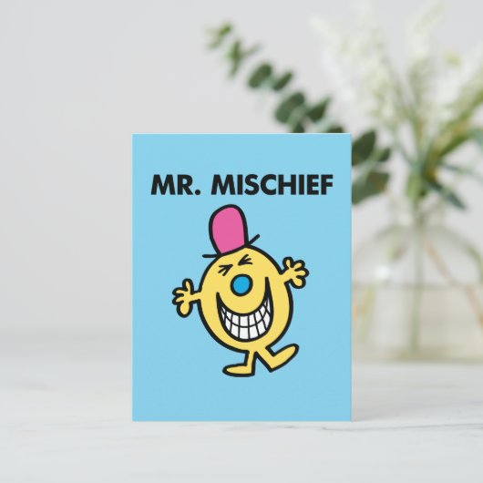 de heer Mischief | Grijzend glanzend Briefkaart (Staand voorkant)
