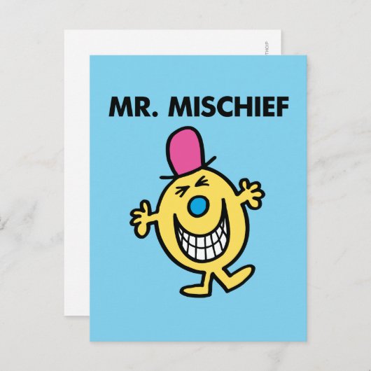 de heer Mischief | Grijzend glanzend Briefkaart (Voorkant / Achterkant)