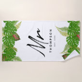 De heer Modern Tropical Leaves Minimalist Script B Strandlaken (Voorkant)
