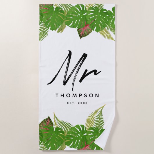 De heer Modern Tropical Leaves Minimalist Script B Strandlaken (Voorkant)