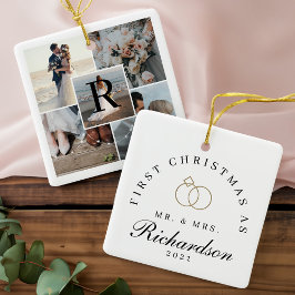 De heer Mrs. 5 Foto Collage First Kerstmonogram Keramisch Ornament