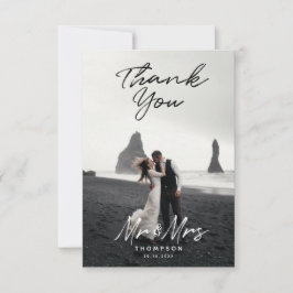 De heer Mrs Modern Black White Script Wedding Phot Bedankkaart