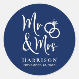 de heer Mrs Navy Blue Wedding Ronde Sticker