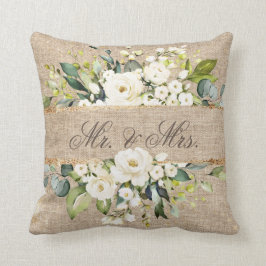 de heer & Mrs White Gold Botanical Floral Linen Ru Kussen